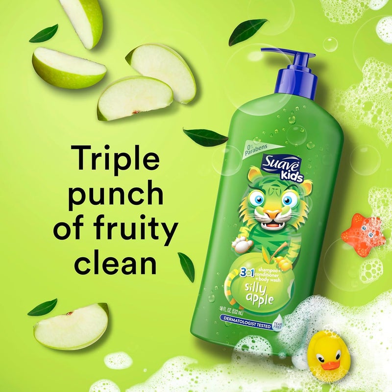 Suave Kids 3-in-1 Tear Free, Body Wash, Shampoo and Conditioners, Dermartologist Tested, Silly Apple, 18 Oz Pack of 6 - Image 5